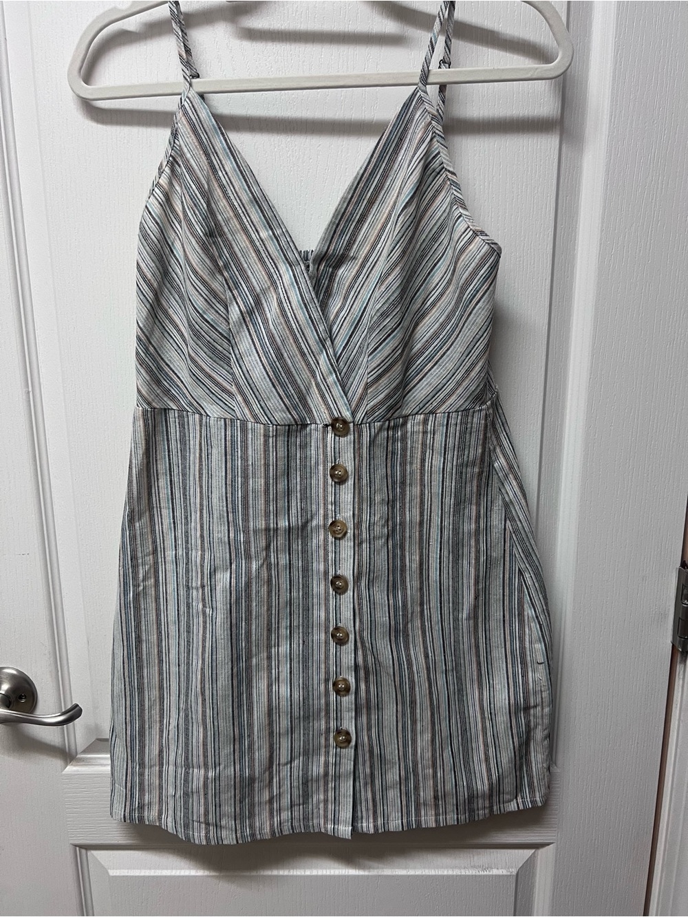 Linen Striped Button-Front Summer Dress - Blue & Gray